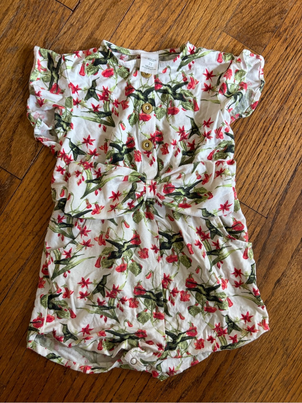 Kate Quinn the woods 2T bamboo bow front snap ruffle romper in hummingbird print